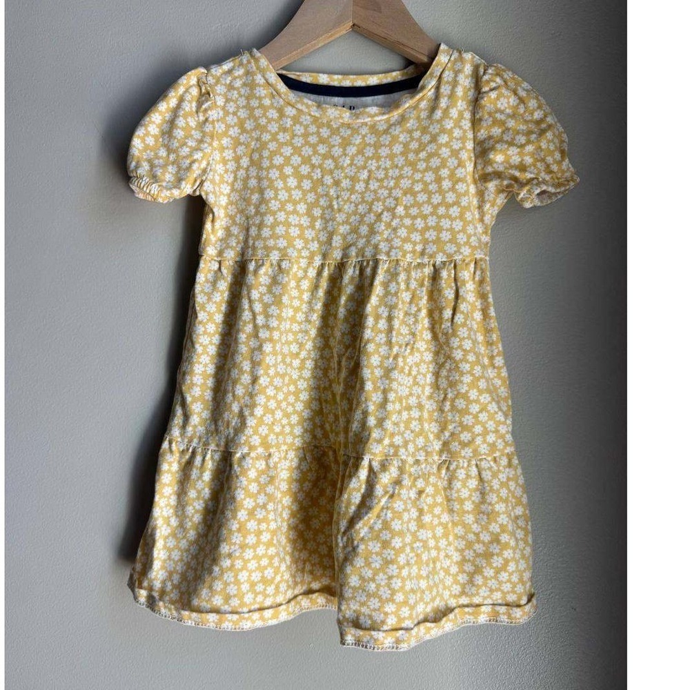 Gap Butter Yellow Daisy Print Tiered Puff Sleeve Dress 3T Cottagecore Scandi